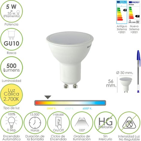 Bombilla Led Dicroica Rosca GU10. 5 Watt. Equivale A 50 Watt. 500 Lumenes. Luz Cálida (2700º K.)