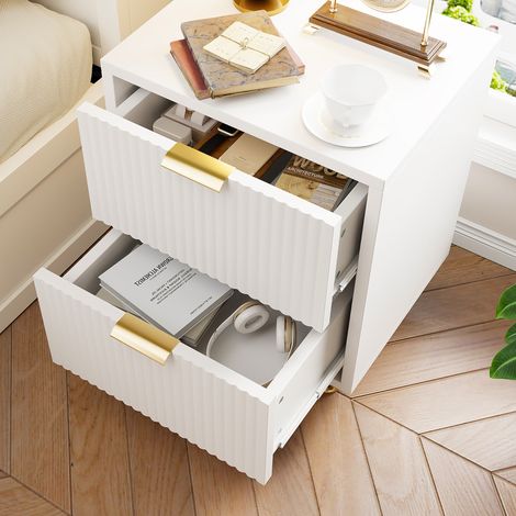 Table de chevet, table de chevet avec 2 tiroirs, table de chevet moderne, table de chevet de style bohème pour chambre, salon, blanc et or (1/5)
