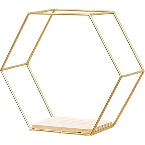 Lntyq Étagère murale flottante hexagonale en nid d'abeille avec rivets dorés 20,5 x 24 x 9,5 cm (1/5)