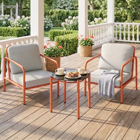 Ensemble de mobilier de jardin 3 pièces, 2 fauteuils, 1 table basse, coussins épais, plateau en verre trempé, 63 x 77 x 76 cm, bordeaux (1/5)