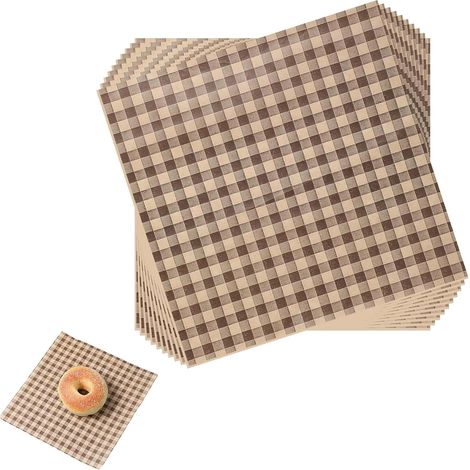 100 feuilles de papier ciré quadrillé anti-huile, 22 x 22 cm, couleur café, idéales pour la confection de paniers alimentaires, d'emballages traiteur, de barbecues, de pique-niques, de fêtes et de res