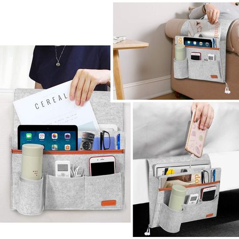 Organiseur de Canapé, 4 Poches mit Porte-Bouteille Sac de Rangement à Suspendre D'accoudoir, pour Bouteille, Magazines, Télécommande, Téléphone, Tablettes, et Livres - Gris Clair (1/4)