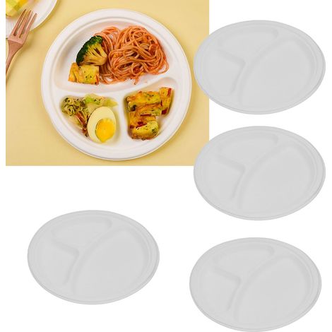 25 cm großer, runder Pappteller aus weißem Zuckerrohrfaserstoff, dreiteilig, handgefertigter Einwegteller aus Papierfaserstoff (1/5)