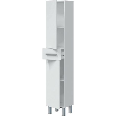 Dmora - Colonna bagno Wilmington, Pensile bagno con 2 ante e 1 cassetto, Armadio alto, 35x31h182 cm, Bianco lucido, con imballo rinforzato