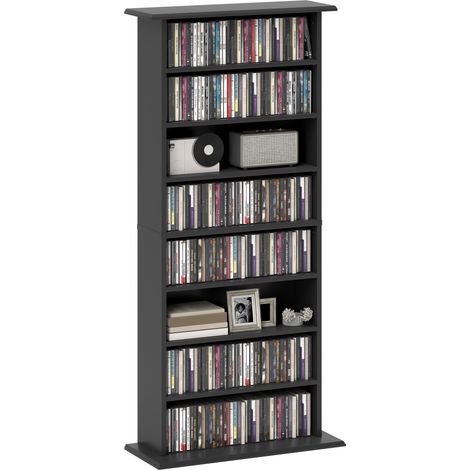 Scaffale Porta CD con 6 Ripiani Regolabili, Capacità di 360 CD/185 DVD, 58x24x124.5 cm, Nero