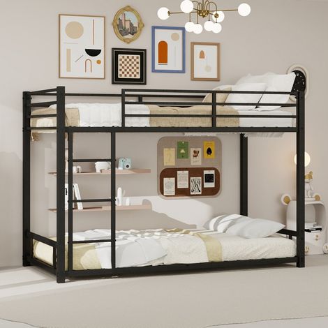 Lit Superposé 90x190 cm - Lit superposé bas en métal pour enfants et adolescents avec barrières de sécurité - Noir (1/5)