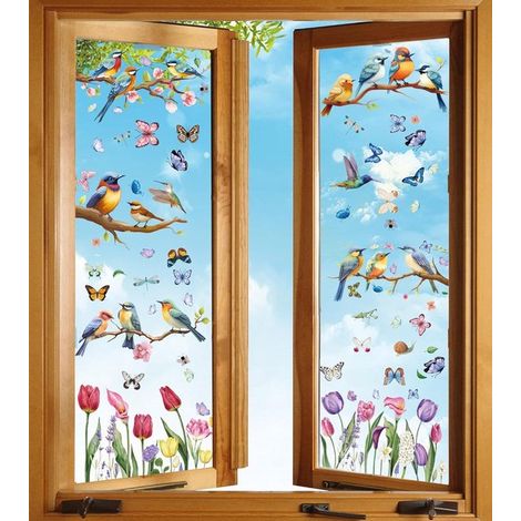 Adesivi per finestre con fiori，Adesivi decorativi per vetri con farfalle colorate e motivi naturalistici，camera da letto o cameretta dei bambini (1/4)