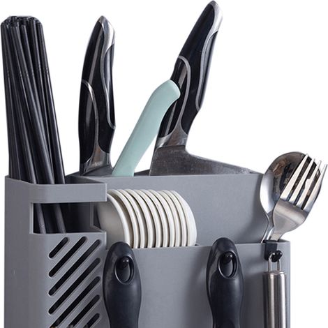 Porte-baguettes ménager, boîte de rangement pour couverts, porte-couteaux, cage à baguettes multifonctionnelle, égouttoir mural, gris (1/5)
