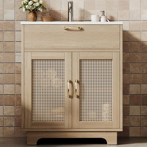 Meuble salle de bain vasque céramique 76x46x88cm pieds hauts rotin fermeture amortie finition naturelle (1/5)