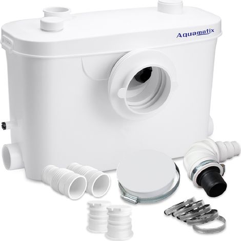 Aquamatix Triturador Sanitaria 400W Bomba de Elevación sanitaria 100 l/min, distancia de bombeo vertical de 6,5 m con 3 entradas para inodoro, fregadero y bañera con filtro de carbón