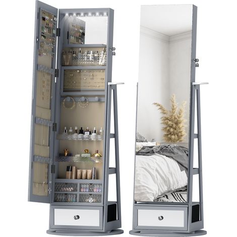 Miroir gris clair pivotant 360° avec éclairage LED tiroir et serrure pour bijoux design contemporain élégant