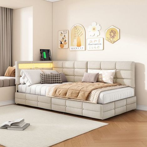Doppelbett gepolstert 140x200 cm in L-Form mit USB und LED-Beleuchtung, Erwachsenenbett aus beigem Leinen, Wendekopfteil, 2 Schubladen