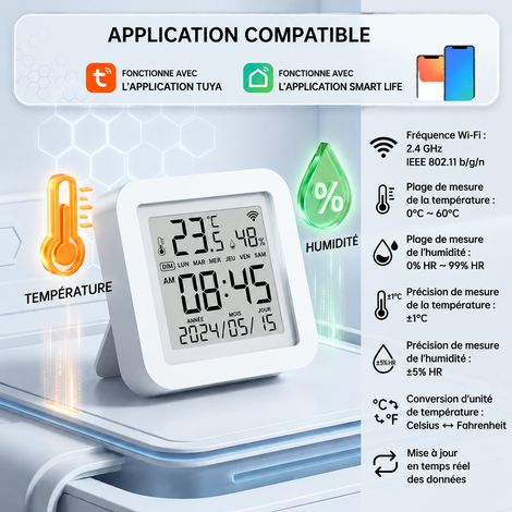 Thermomètre hygromètre connecté WiFi capteur température humidité intérieur écran LCD alimentation USB-C à poser ou mural 100 g – Livraison gratuite (1/5)
