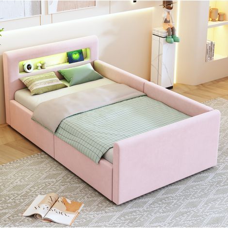 Cama infantil tapizada con almacenaje LED rosa OKMYHOME (1/5)