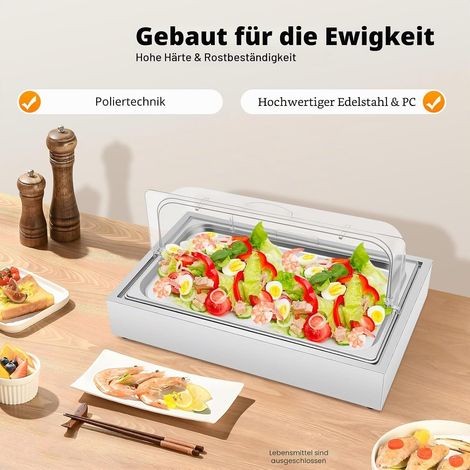 Kühl Servierplatte GN 1/1 mit Haube, Buffetvitrine Edelstahl 6L Kühlschale mit Kühlakku, Frischhalteplatte Servierhaube transparent Rolltop, Catering Platte für Buffet Party Restaurant (1/5)