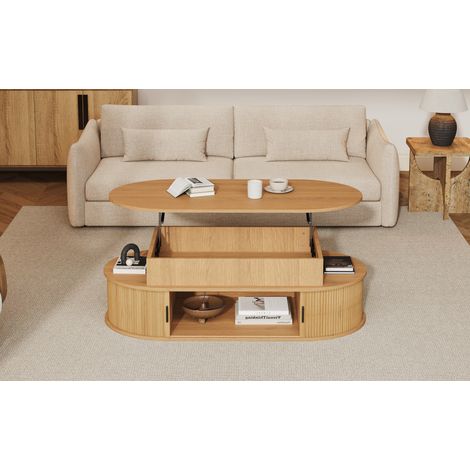 Mesa de centro elevable ovalada 100x50x40 cm en MDF efecto madera con almacenaje – MEUBLIV (1/5)