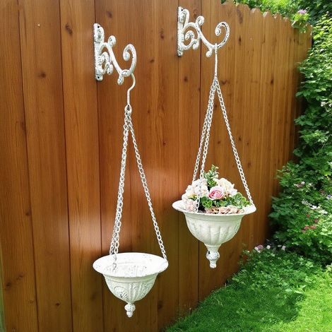 Panneau mural à fleurs blanc style rustique vintage – Pot suspendu en métal pour plantes d extérieur – Décoration murale