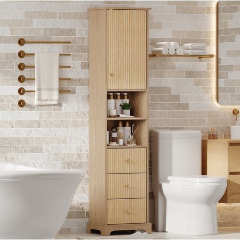 Badezimmerschrank 40x30x172 cm Natur MDF mit PVC-Fronten, 3 Schubladen, offenen Fächern und verstellbarem Regal (1/5)