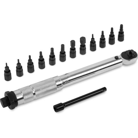 VONROC Drehmomentschlüssel - ¼”-Antrieb - 265mm – für 5–25 Nm - Inkl. 12-teiligem Bit-Set (8 x Inbus, 4 x Torx) und 100-mm-Verlängerungsstange
