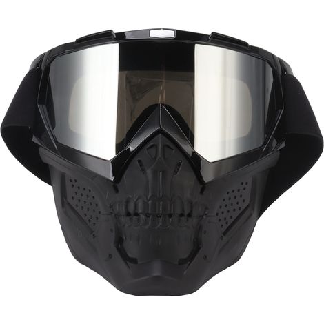 Skull Goggles Mask Motorrad-Schutzmaske aus PC-Schaum, abnehmbar und verstellbar, schwarzer Rahmen, silberne Gläser, ideal zum Wandern und Offroad-Fahren. (1/5)
