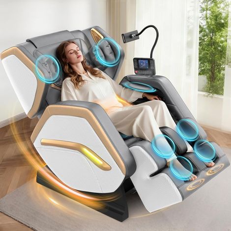 Fauteuil de massage, fauteuil de massage complet, 14 rouleaux de massage, massage des pieds, 8 coussins gonflables, haut-parleurs Bluetooth, écran tactile, blanc