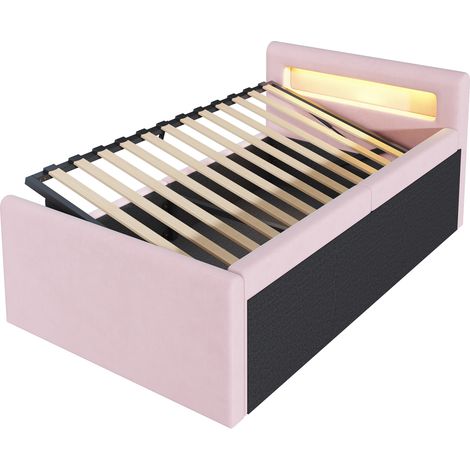 Lit Enfant Rembourré 90x200cm Tête de lit LED, Port USB, Rangement Hydraulique, Velours