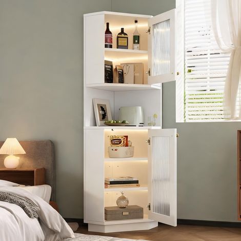 Meuble de rangement d'angle blanc avec éclairage et étagères (1/5)