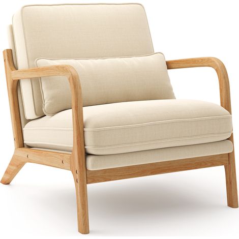 Poltrona Bealife in Legno con Cuscini in Lino Adatta a Soggiorni Camere da Letto Angoli Lettura Balconi 82 x 65 x 75 cm Beige