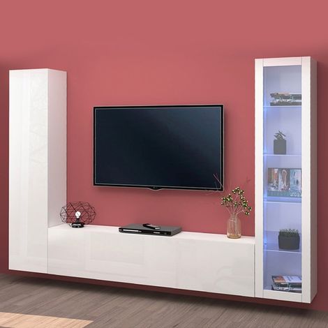 Meuble TV mural moderne blanc Peris WH avec vitrine et armoire (1/5)