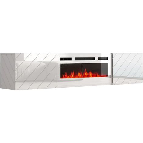 Mueble de TV Roxy 183 cm colgante tablero MDF blanco brillante con chimenea eléctrica blanca (1/5)