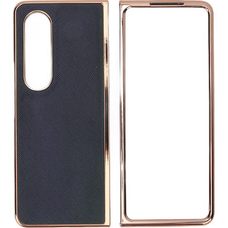 Étui de téléphone en cuir de vachette véritable grainé nano-électroplaqué pour téléphone pliable Samsung Galaxy Z Fold 4, coque résistante aux rayures, bleu. (1/5)
