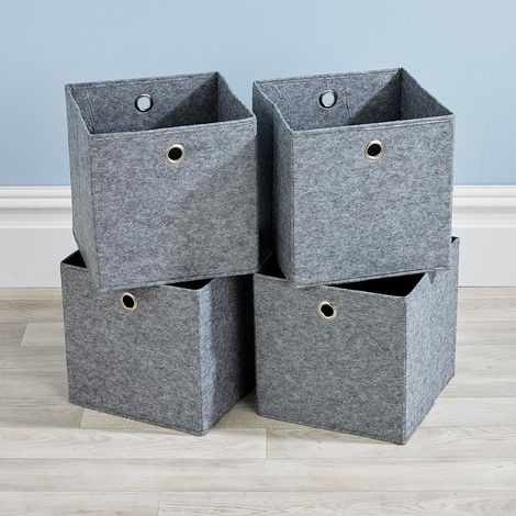 Folding Grey Felt Square Storage Utility Box Fabric Cube 4pc Basket Set Box