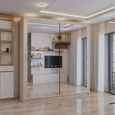 Modern Chicago Double Sliding Door Wardrobe Mirror - Oak180cm (1/2)