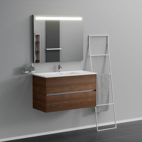 Inda - Badezimmerschrank 2 Schubladen L.100 mit beleuchtetem Spiegelwaschbecken - Braune Eiche