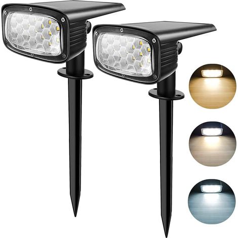 Projecteurs solaires paysagers extérieurs : 34 LED Lampes solaires de jardin IP67 étanches, 2 en 1 Applique solaire sans fil pour allée de jardin, patio, allée, lot de 2, 3 températures de couleur