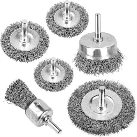 6-teiliger Drahtbürstensatz für Bohrmaschinen – 0,012 mm Bohrung – Kohlenstoffstahl – Zum Reinigen von Rost, Entlacken und für Schleifarbeiten an Bohrmaschinen