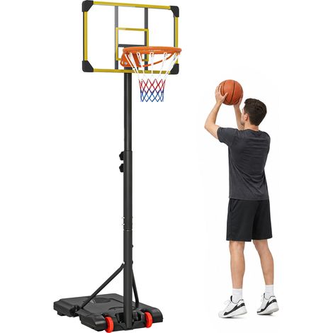 Panier de basket pour adultes, hauteur réglable de 2,1 à 2,4 m, roulettes et base lestable, jaune (1/5)