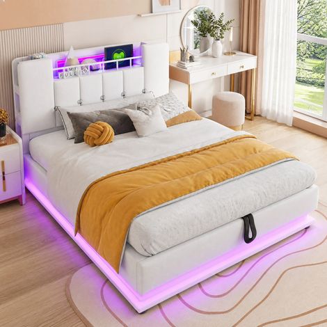 Cama infantil tapizada (220x90x107 cm), con iluminación LED y puerto USB, almacenaje hidráulico, MDF y metal, beige (1/5)