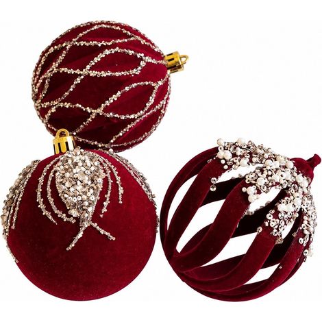 Boules de Noël en velours floqué, 8 cm, décor flocons de neige à pois et rayures C (1/5)