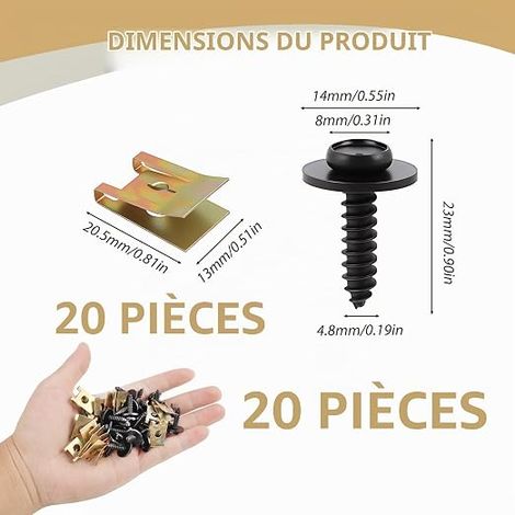 Clips de Fixation Voiture, U-Clips et Vis Kit Universal Écrous, Agrafes Carrosserie Métal U-Clip et Vis, Écrou en Tôle Vis Écrou Clip Kit, Panneaux de Porte Pare-Chocs Capots (1/4)