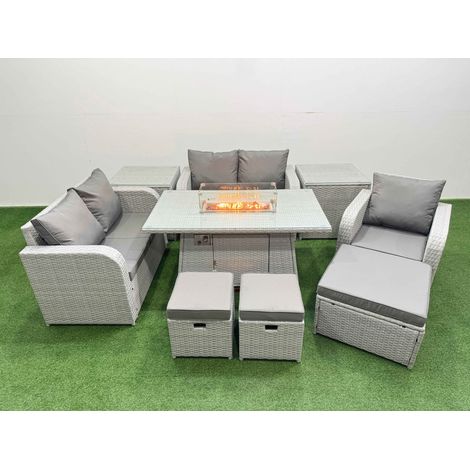 Fimous High Back Poly Rattan Garden Furniture Set with Reclining Chair Loveseat Sofa Firepit Dining Table Indoor Outdoor Patio Set 3 Stools 2 Side Table Light Grey (1/4)