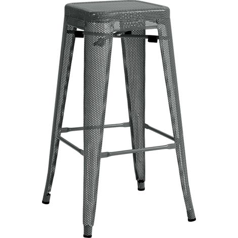 Taburete de bar con reposapiés apilable de diseño industrial en metal perforado gris 100004869
