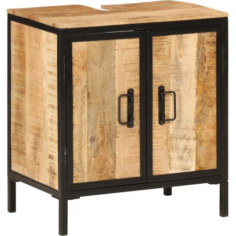 Armoire lavabo de salle de bain design épuré avec grand espace de rangement 55 x 35 x 60 cm en bois manguier (1/5)