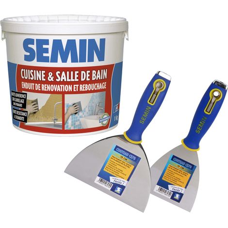 Enduit de rebouchage et rénovation spécial cuisine et salle de bain Semin - seau de 1 kg, un couteau à enduire CE 78 - 10 cm et un couteau à enduire multifonctions CE 78 - 15 cm (1/5)