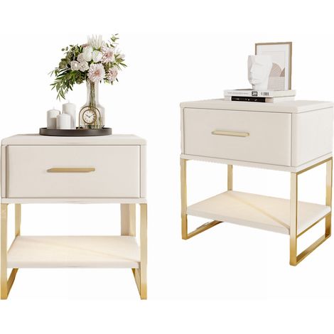 Lot de 2 tables de chevet en velours beige - 40x31x50 cm - Un tiroir + éclairage LED réglable - Support métallique (1/5)