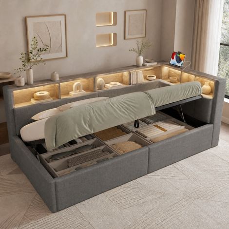 Tagesbett, Daybett, Schlafsofa, 90 × 200 cm, USB- + Typ-C-Anschlüsse, hydraulische Aufbewahrungsfunktion, mehrere Staufächer, mit mehrfarbiger LED-Streifenbeleuchtung,Ohne Matratze, Leinen, Grau (1/5)