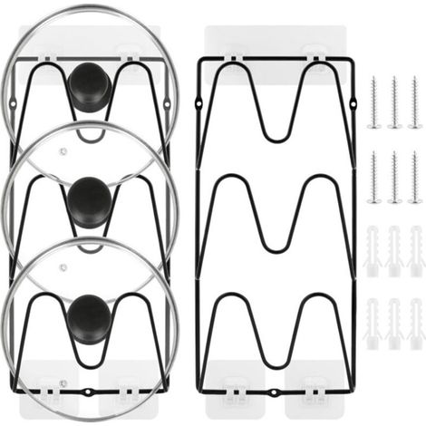 2 pièces, 6 niveaux Support de rangement pour couvercles de casseroles， sans perçage, adhésif,résistant à la rouille, pour couvercles de casseroles et poêles, rangement de cuisine（Noir ）-DOU