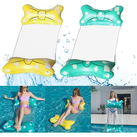 Lot de 2 chaises suspendues à l'eau en forme d'arc (120×70 cm, jaune et turquoise) – Chaises flottantes gonflables avec imprimé pois et filet de refroidissement, comprend une pompe gratuite