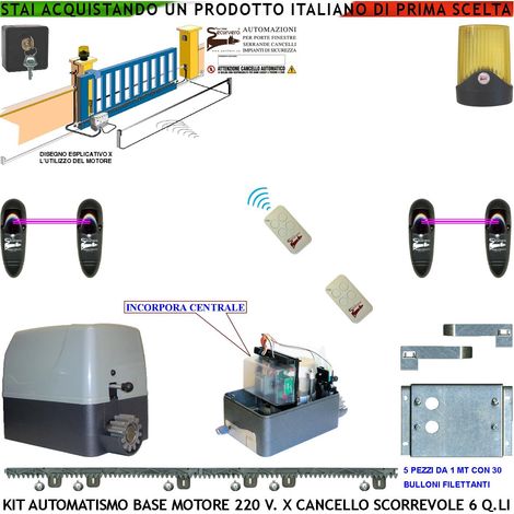 KIT AUTOMAZIONE CANCELLO SCORREVOLE 6 Q.LI MOTORE 220 V 5 MT CREMAGLIERE 2 TELECOMANDI 2 FOTOCELLULE FARO ANTENNA SELETTORE (1/5)