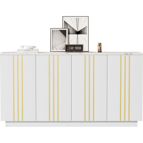 Aparador de almacenaje 4 puertas, 140x35x70 cm, con estante ajustable, en tableros de partículas, blanco y dorado (1/5)